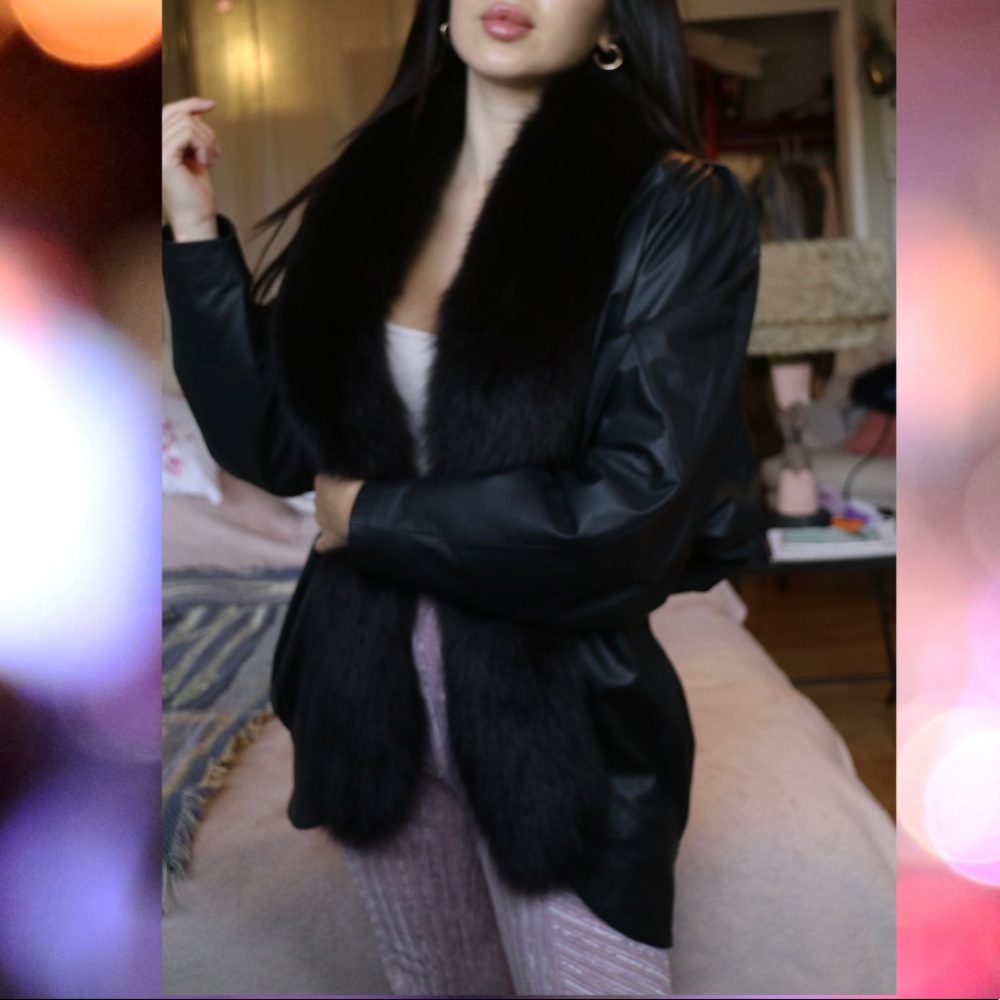 Black leather fox fur coat